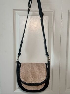 Boho Straw Woven Crossbody Saddle Bag Black Faux Leather Trim Adjustable Strap